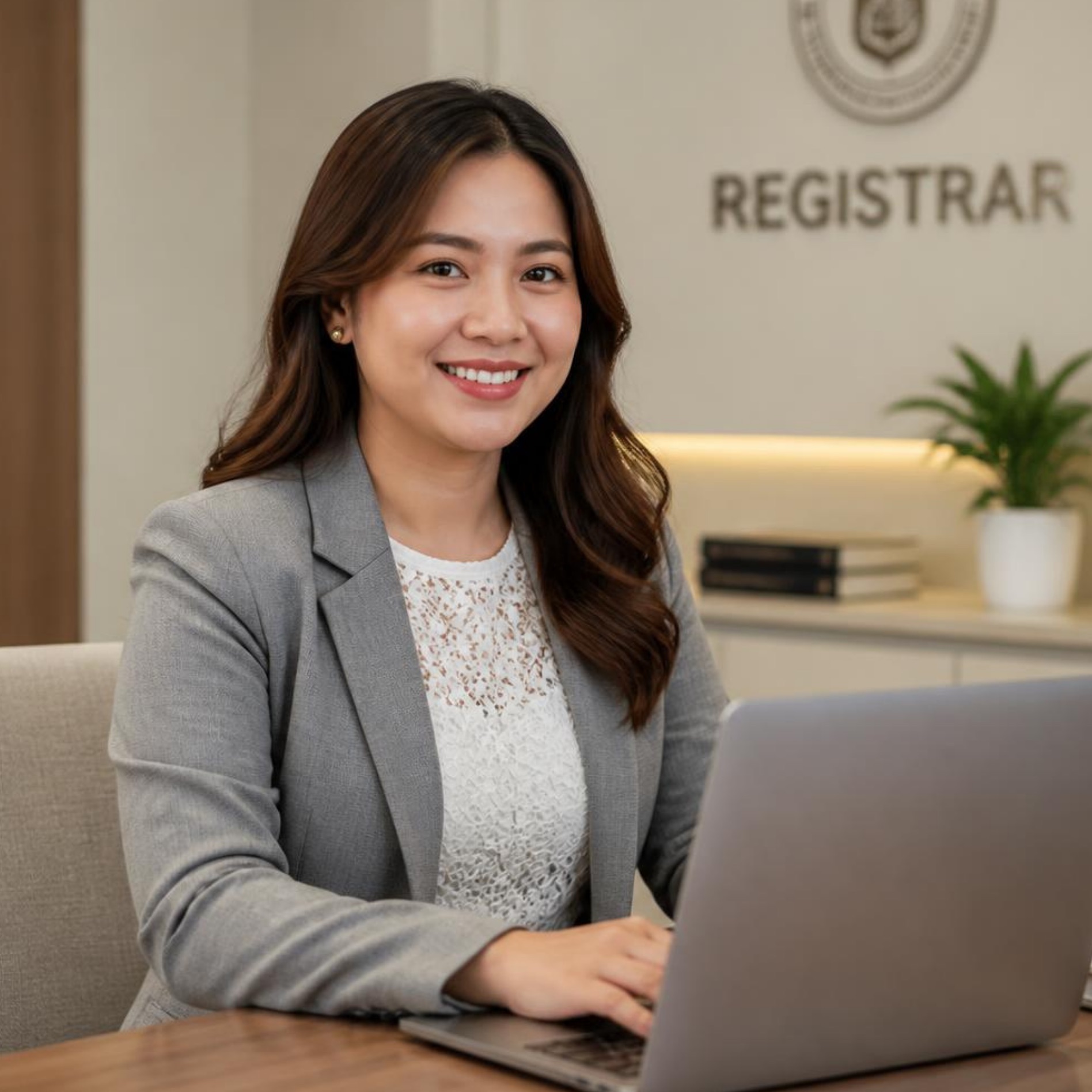Administrator working on a laptop in a modern office