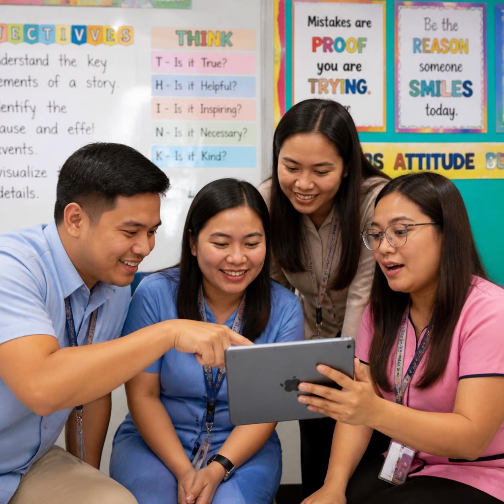 School staff reviewing SchoolConnect on a tablet together in a classroom